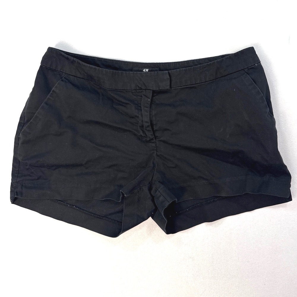 HM Womens Black Chino Shorts Size 8 Mid Rise Cotton Stretch Casual Summer Staple